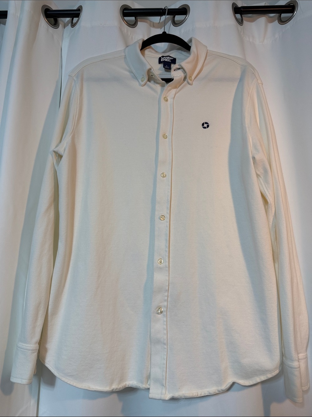 Lands' End Men's OEKO-TEX Stretch Cream Button-Down Long Sleeve Navy Logo SZL B9
